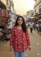 Women’s Red Floral Alia Top | Premium Soft Cotton | V-Neck | Full Sleeves