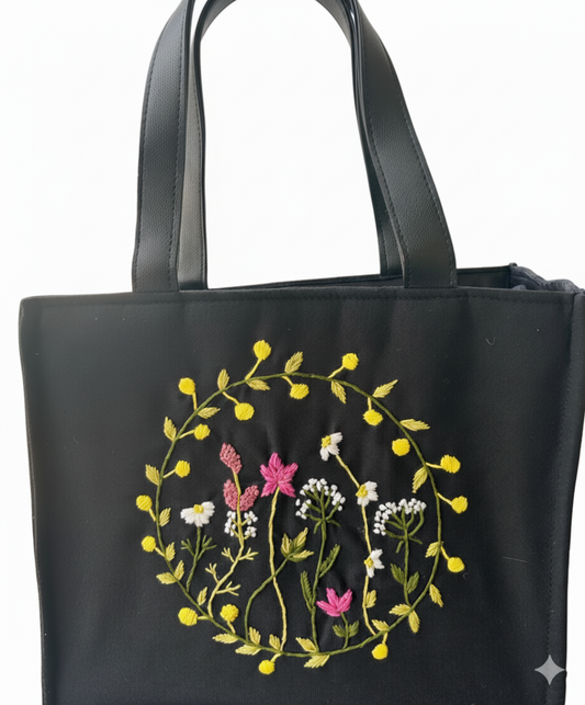 Black Cotton Canvas Tote Bag with Hand Embroidered Floral Wreath & PU Leather Straps – 13.5 x 12 x 6 inch