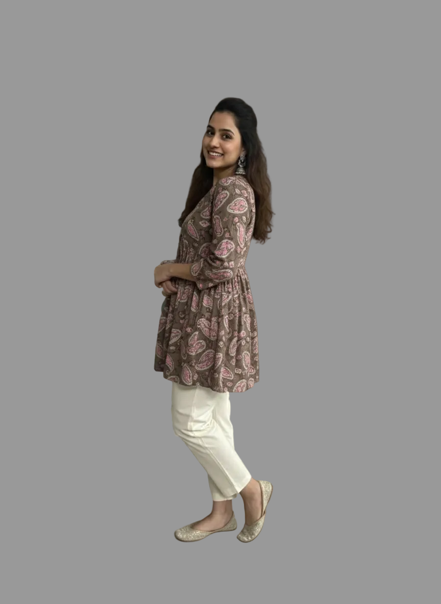 Women’s Grey Pink Paisley Alia Top | Premium Soft Cotton | V-Neck | Full Sleeves