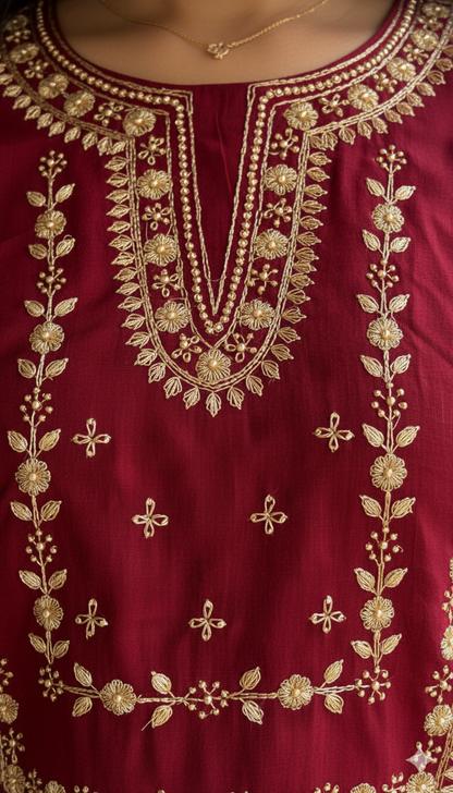 Deep Navy Blue Silk Corde Kurta Set with Golden Embroidery