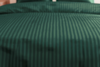 Steal Green Glace Cotton Striped Bedsheet Set – 144 GSM with Pillow Covers