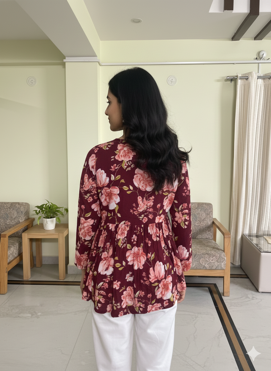 Women’s Floral Alia Top – Premium Soft Cotton | V-Neck Flowy Fit (Wine)