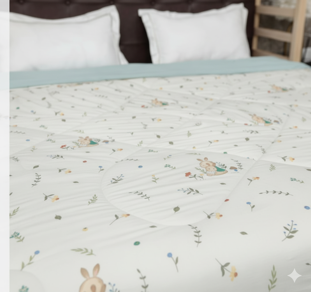 Reversible Fine Glace Cotton Comforter with Microfiber Filling & Lace Border – Solid + Bunny Floral Print