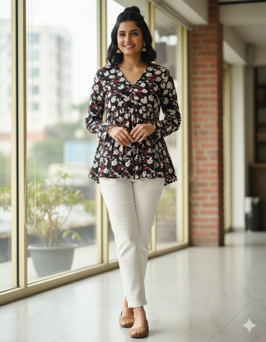 Women’s Black Floral Alia Top | Premium Soft Cotton | V-Neck | Full Sleeves