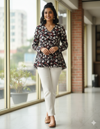 Women’s Black Floral Alia Top | Premium Soft Cotton | V-Neck | Full Sleeves