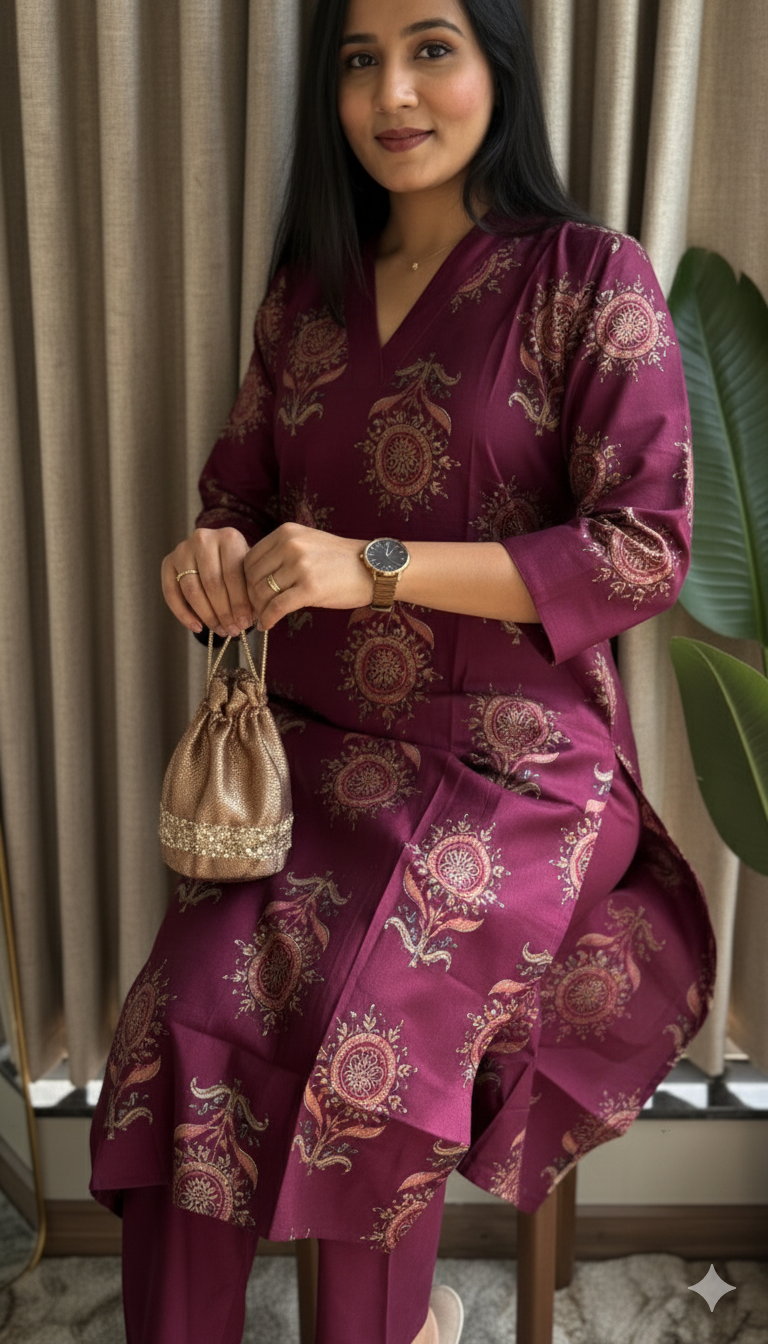 Maroon Vertical Silk Print Kurta Set with Matching Pants – Elegant Festive Wear