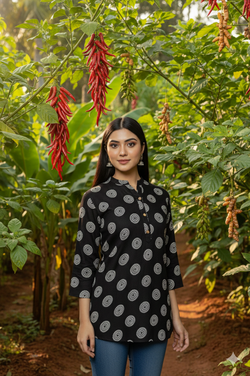 Black Mandala Printed Regular Top | Premium Cotton | 3/4th Sleeves