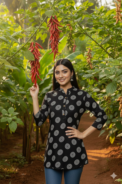 Black Mandala Printed Regular Top | Premium Cotton | 3/4th Sleeves