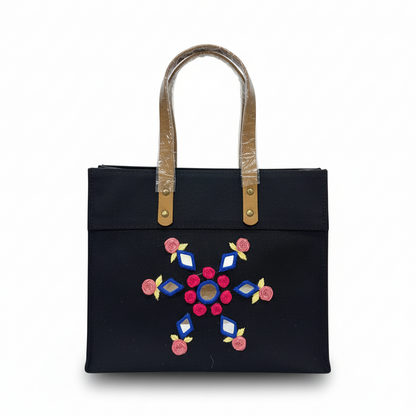 Black Laminated Canvas Tote Bag with Pink Floral & Mirror Embroidery – Handmade Handbag (12 x 10 x 6 inch)