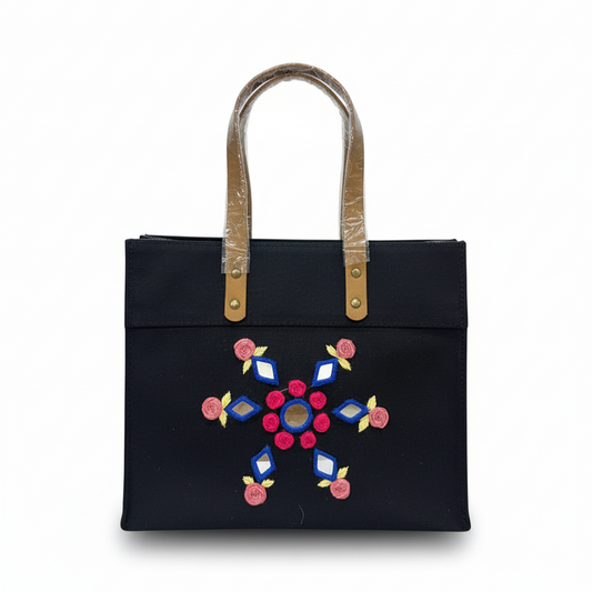 Black Laminated Canvas Tote Bag with Pink Floral & Mirror Embroidery – Handmade Handbag (12 x 10 x 6 inch)
