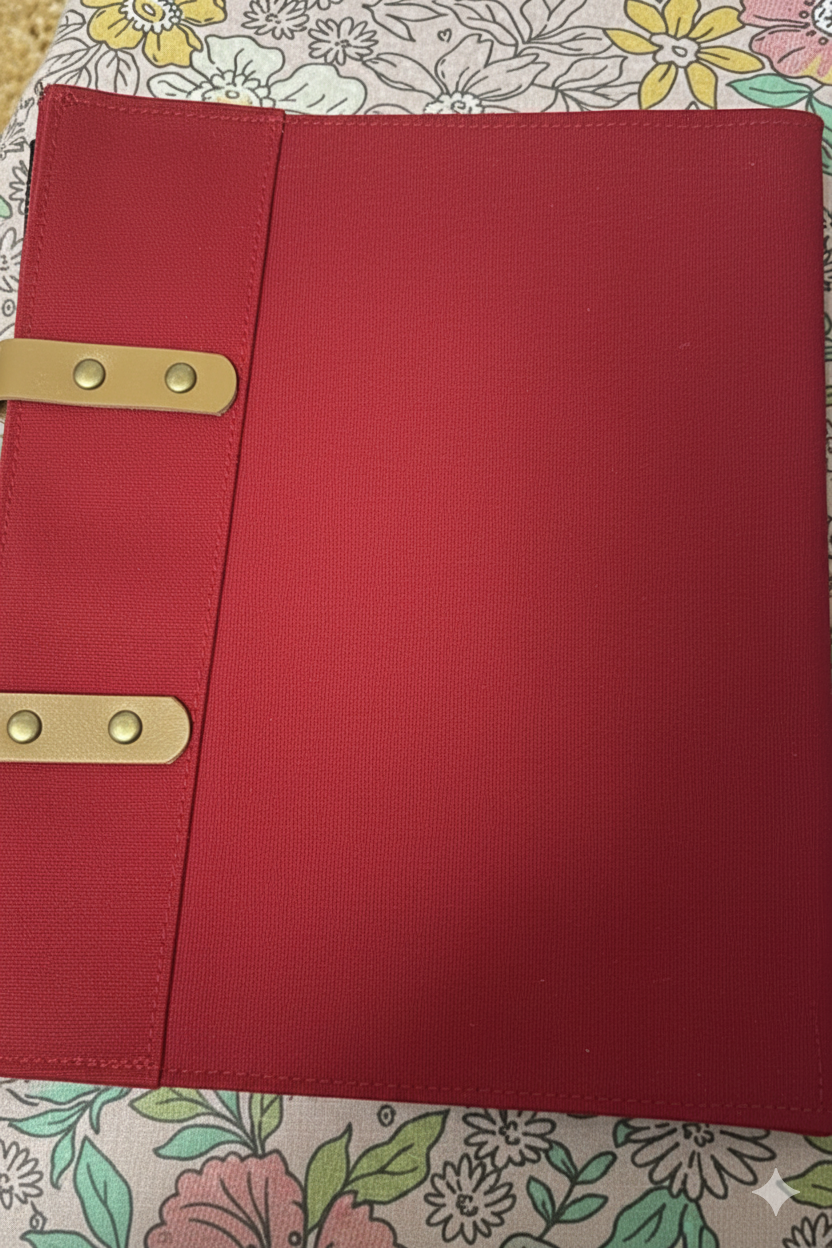 Red Laminated Canvas Tote Bag with Yellow Floral & Mirror Embroidery – Handmade Handbag