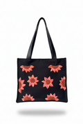 Black Cotton Canvas Tote Bag with Hand Embroidered Sunflowers & PU Leather Straps – 13.5 x 12 x 6 inch