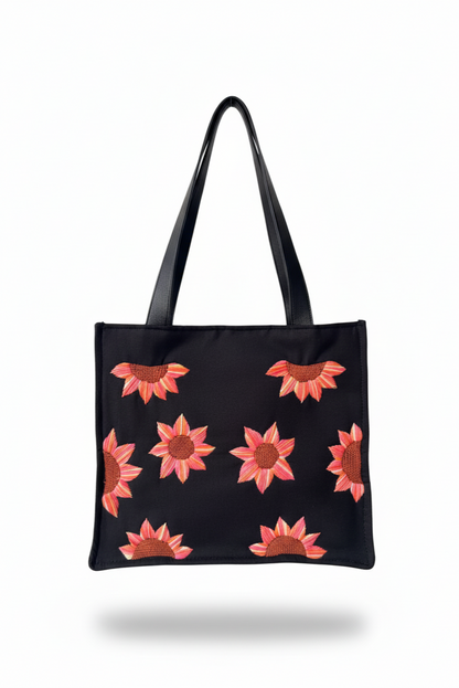 Black Cotton Canvas Tote Bag with Hand Embroidered Sunflowers & PU Leather Straps – 13.5 x 12 x 6 inch