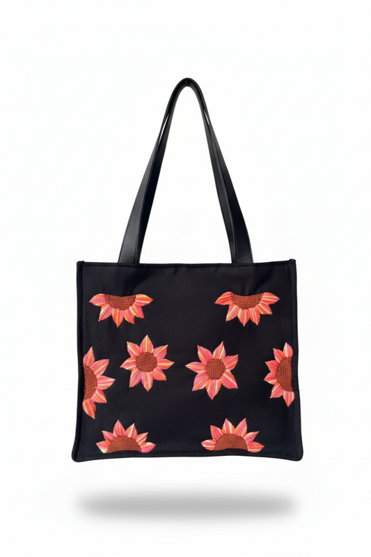 Black Cotton Canvas Tote Bag with Hand Embroidered Sunflowers & PU Leather Straps – 13.5 x 12 x 6 inch