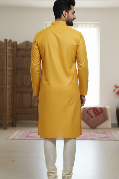 Men’s Mustard Yellow Cotton Kurta with White Churidar