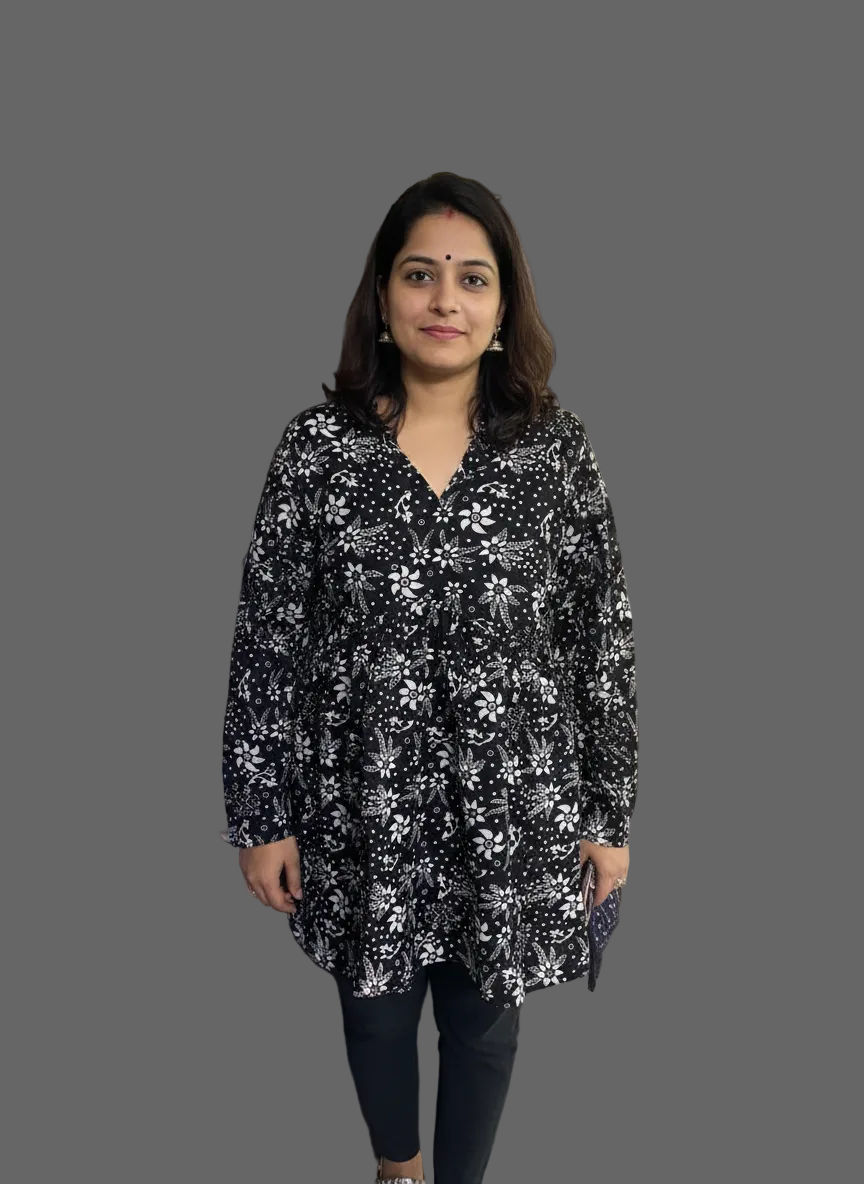 Women’s Black & White Floral Alia Top | Premium Soft Cotton | V-Neck | Full Sleeves