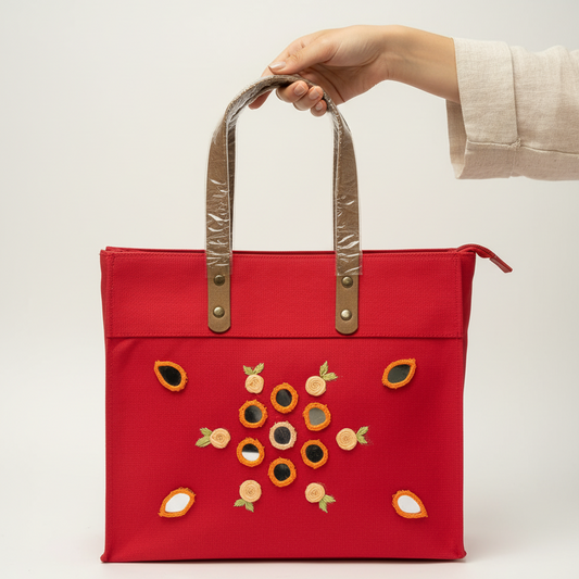 Red Laminated Canvas Tote Bag with Mirror & Floral Embroidery – Handmade Handbag