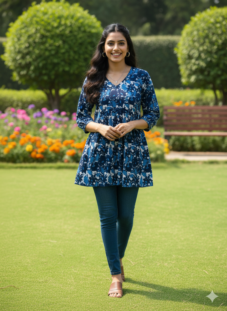 Women’s Blue Floral Alia Top | V-Neck | 3/4 Sleeves | Casual Everyday Wear