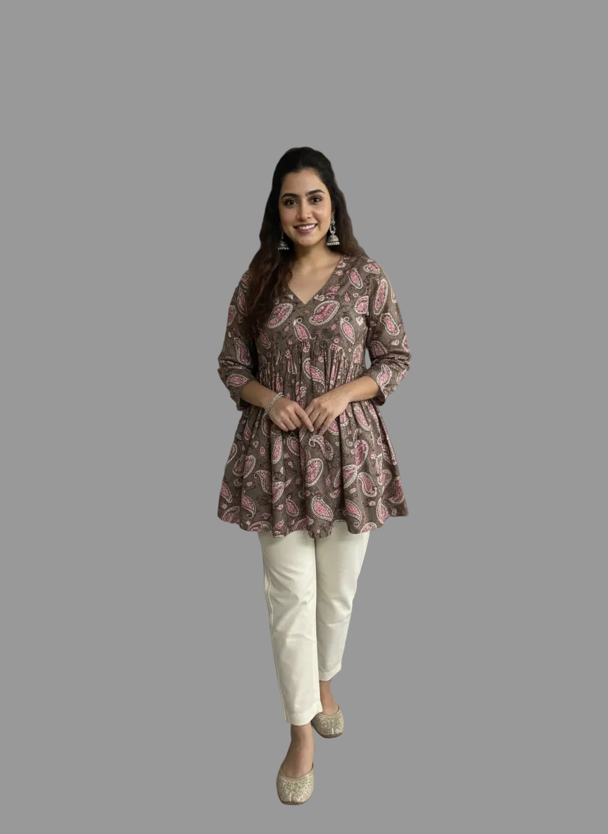 Women’s Grey Pink Paisley Alia Top | Premium Soft Cotton | V-Neck | Full Sleeves