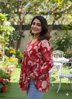 Women’s Red Floral Alia Top | Premium Soft Cotton | V-Neck | Full Sleeves