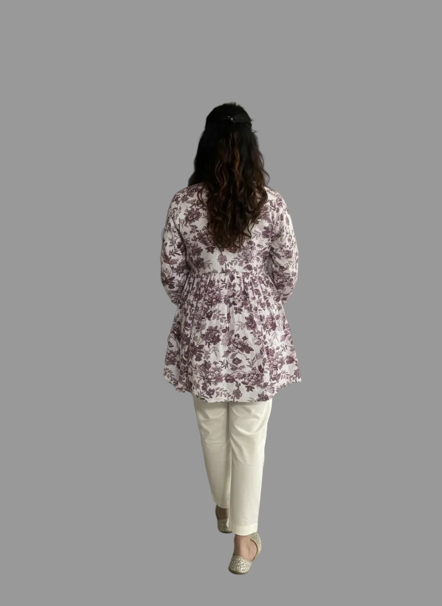 Women’s Grey Mauve Floral Alia Top | Premium Soft Cotton | V-Neck | Full Sleeves