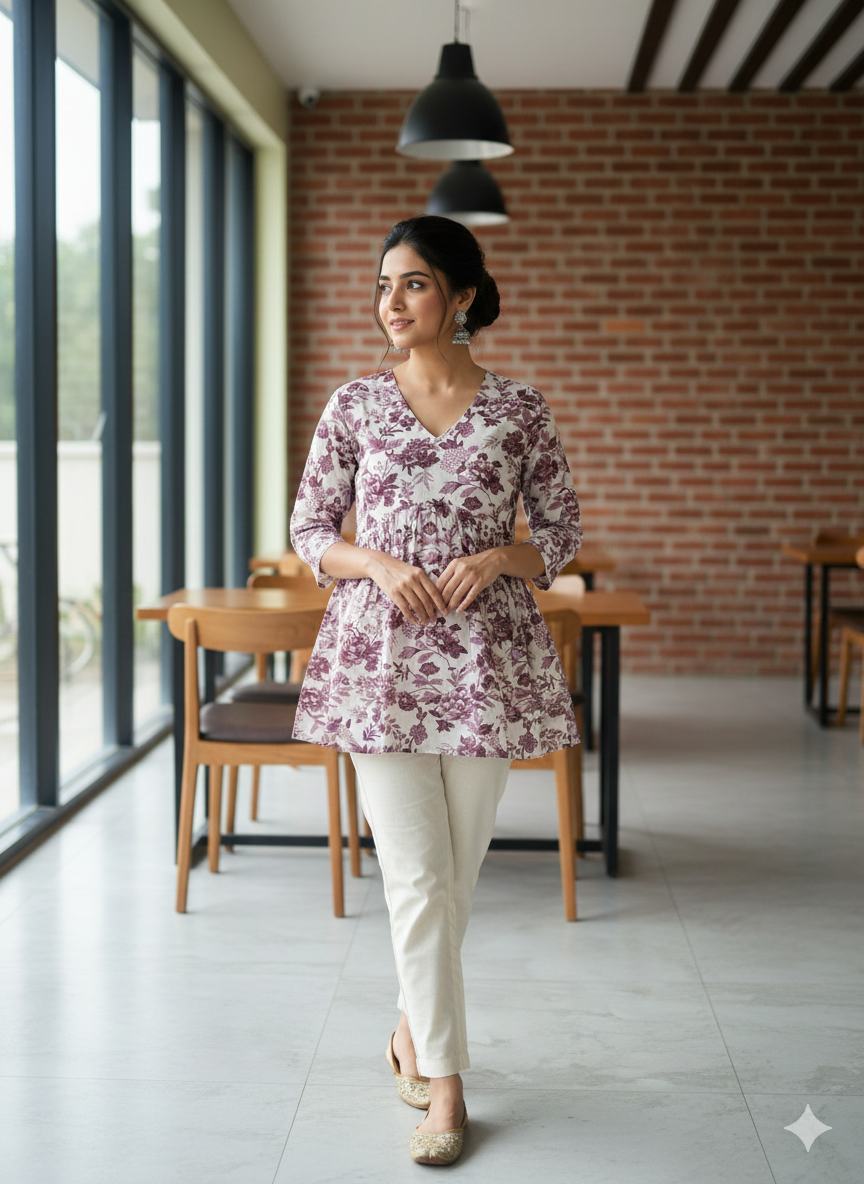 Women’s Mauve Floral Alia Top | Premium Soft Cotton | V-Neck | Full Sleeves