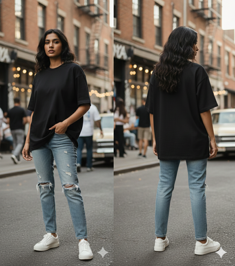 Black Oversized T-Shirt | 240 GSM Premium French Terry Cotton | Streetwear Drop Shoulder Tee