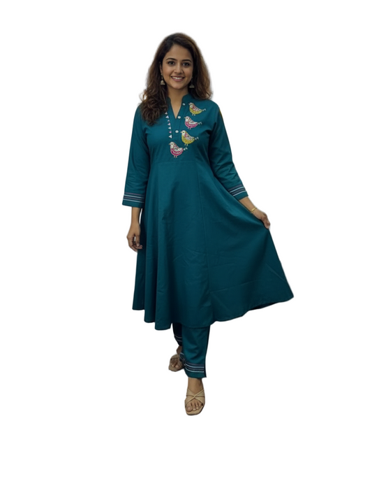 Teal Blue Embroidered Cotton Kurta Set with Pants