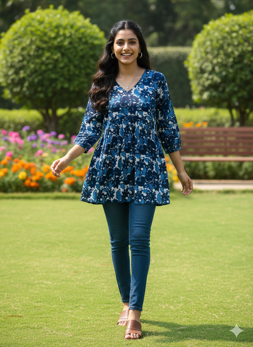 Women’s Blue Floral Alia Top | V-Neck | 3/4 Sleeves | Casual Everyday Wear