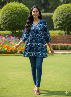 Women’s Blue Floral Alia Top | V-Neck | 3/4 Sleeves | Casual Everyday Wear