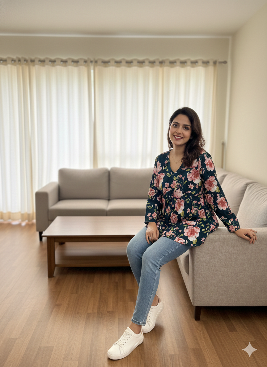 Women’s Floral Alia Top – Premium Soft Cotton | V-Neck Comfort Fit