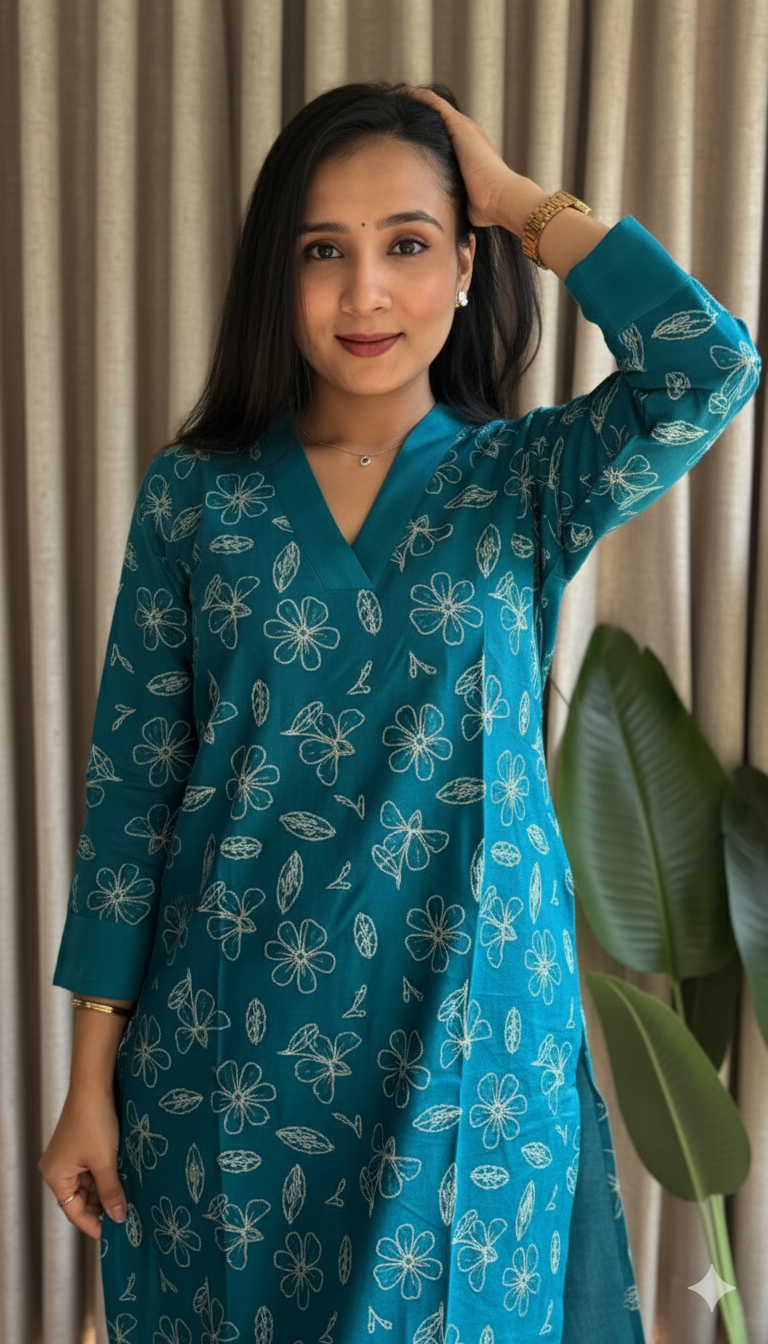 Teal Floral Printed Vertical Silk Kurta Set