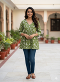 Women’s Olive Green Floral Alia Top | Premium Soft Cotton | V-Neck | Full Sleeves