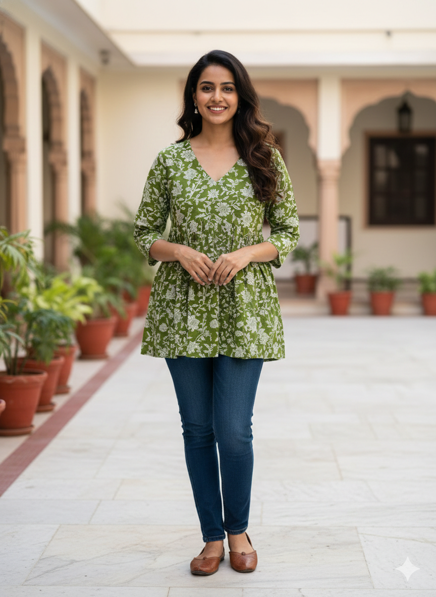 Women’s Olive Green Floral Alia Top | Premium Soft Cotton | V-Neck | Full Sleeves