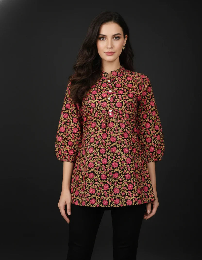 Black Pure Cotton Jaal Floral Printed Top with Mandarin Neck, Gathered Yoke & Puff Sleeves