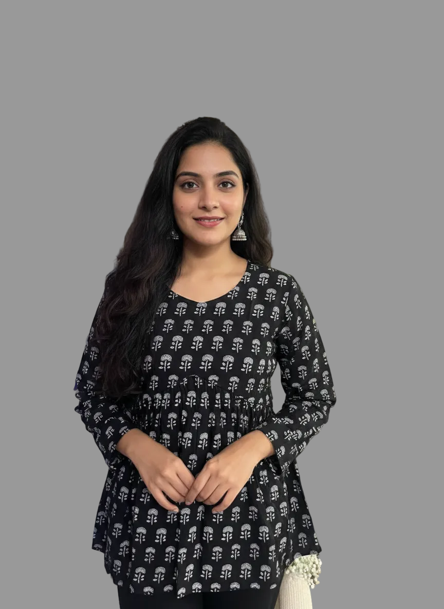 Women’s Black Ethnic Print Alia Top – Premium Soft Cotton | V-Neck Flowy Fit