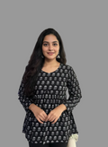 Women’s Black Ethnic Print Alia Top – Premium Soft Cotton | V-Neck Flowy Fit