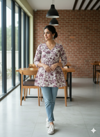 Women’s Mauve Floral Alia Top | Premium Soft Cotton | V-Neck | Full Sleeves