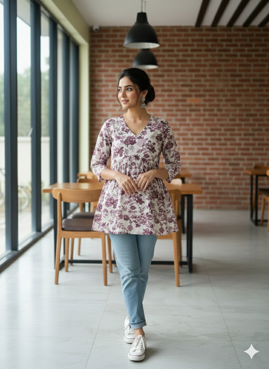 Women’s Mauve Floral Alia Top | Premium Soft Cotton | V-Neck | Full Sleeves
