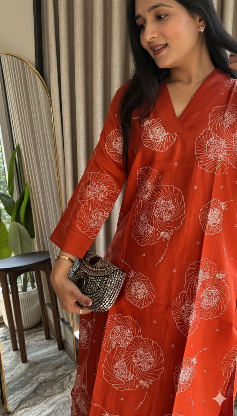 Rust Orange Vertical Silk Print Kurta Set with Straight Pants
