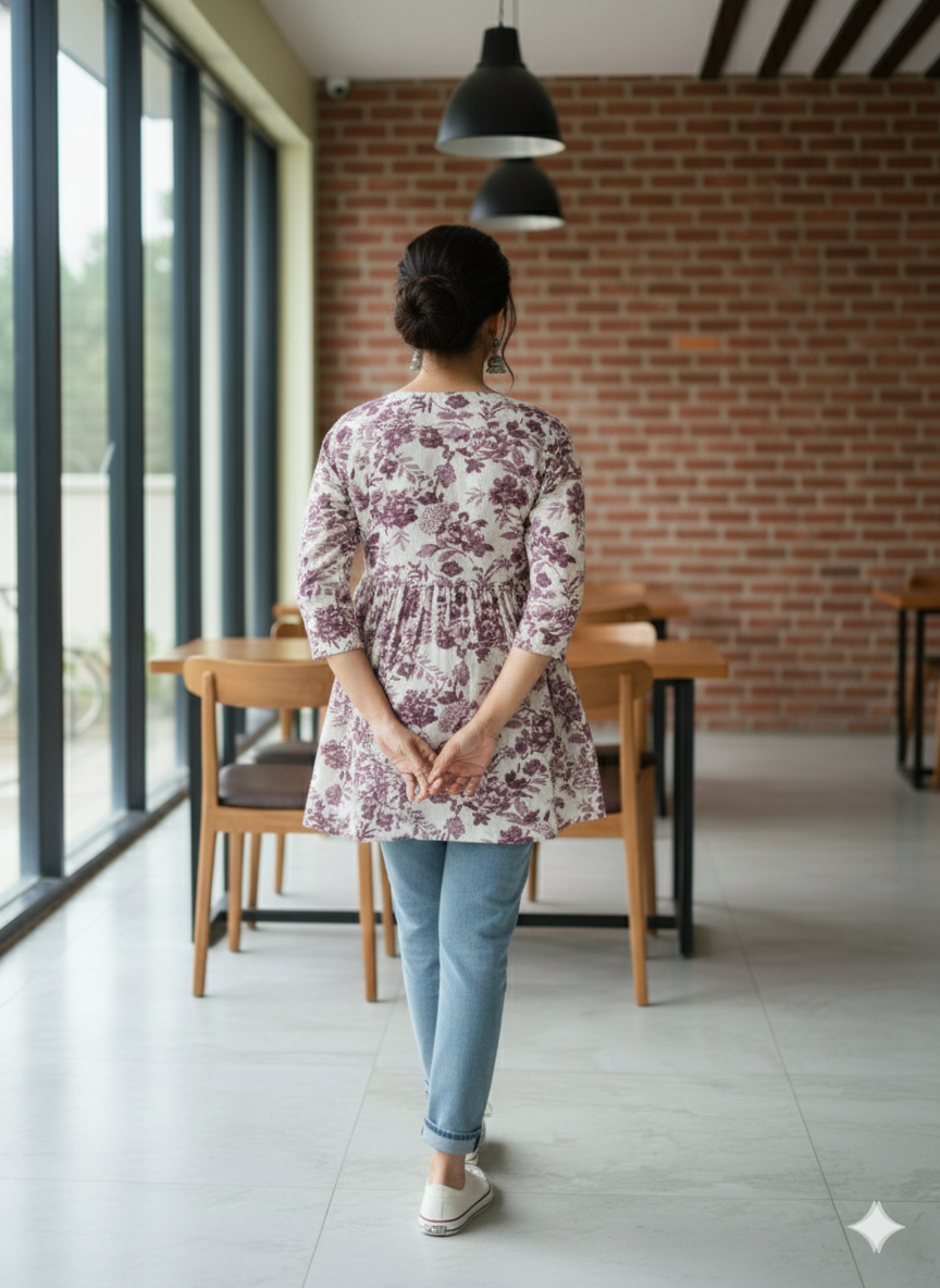 Women’s Mauve Floral Alia Top | Premium Soft Cotton | V-Neck | Full Sleeves