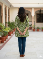 Women’s Olive Green Floral Alia Top | Premium Soft Cotton | V-Neck | Full Sleeves