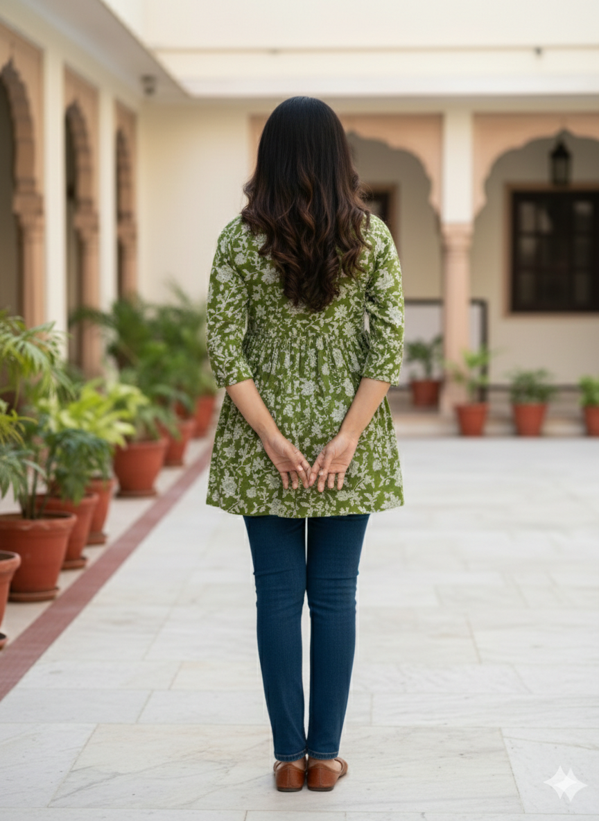 Women’s Olive Green Floral Alia Top | Premium Soft Cotton | V-Neck | Full Sleeves
