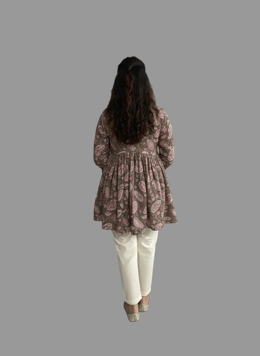 Women’s Grey Pink Paisley Alia Top | Premium Soft Cotton | V-Neck | Full Sleeves