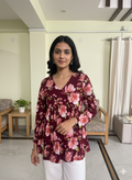 Women’s Floral Alia Top – Premium Soft Cotton | V-Neck Flowy Fit (Wine)