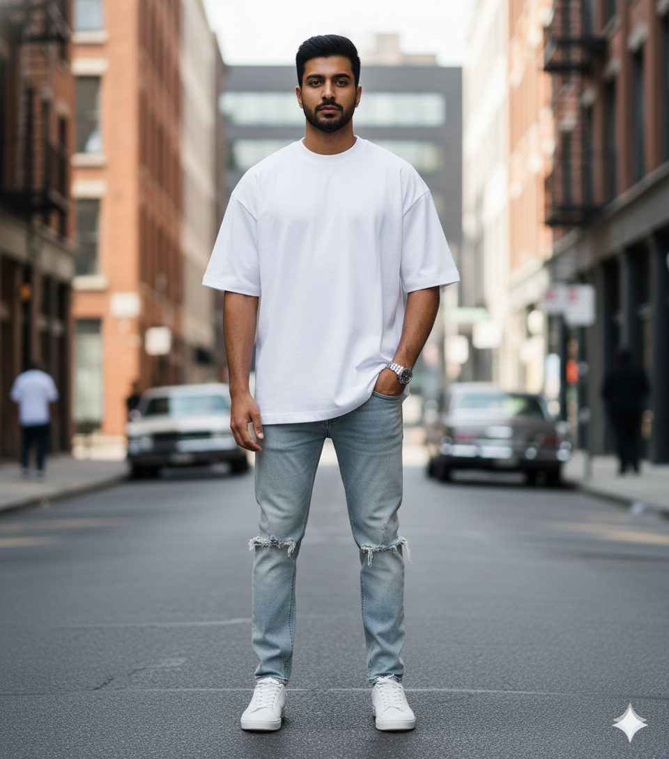 White Oversized T-Shirt for Men | 240 GSM Premium French Terry Cotton | Streetwear Drop Shoulder Tee