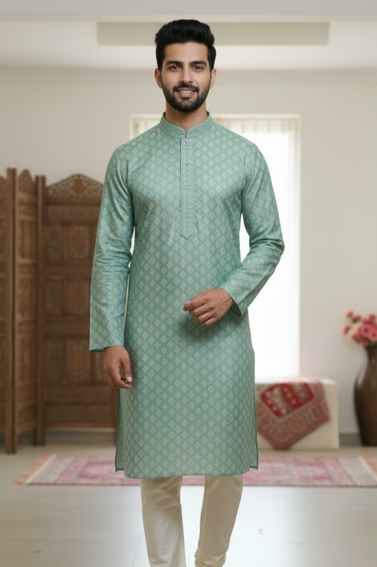 Men’s Light Teal Green Jacquard Cotton Kurta with Embroidered Placket
