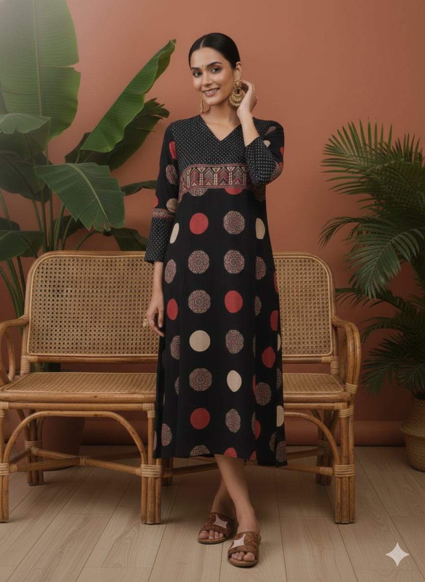 Handcrafted Ajrakh Cotton Kurti with Pocket – Vegetable Dyed | 42” Length