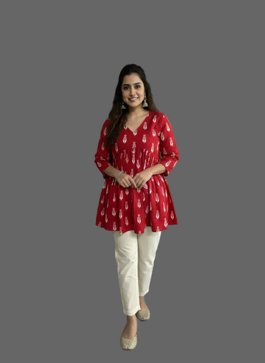 Women’s Red Ikat Print Alia Top | Premium Soft Cotton | V-Neck | Full Sleeves