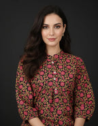 Black Pure Cotton Jaal Floral Printed Top with Mandarin Neck, Gathered Yoke & Puff Sleeves